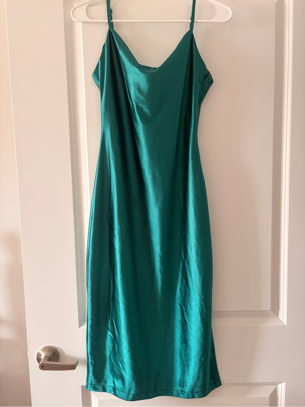 Emerald Green Satin Cowl Neck Midi Slip Dress XS Side Zip Wedding Guest Cocktail